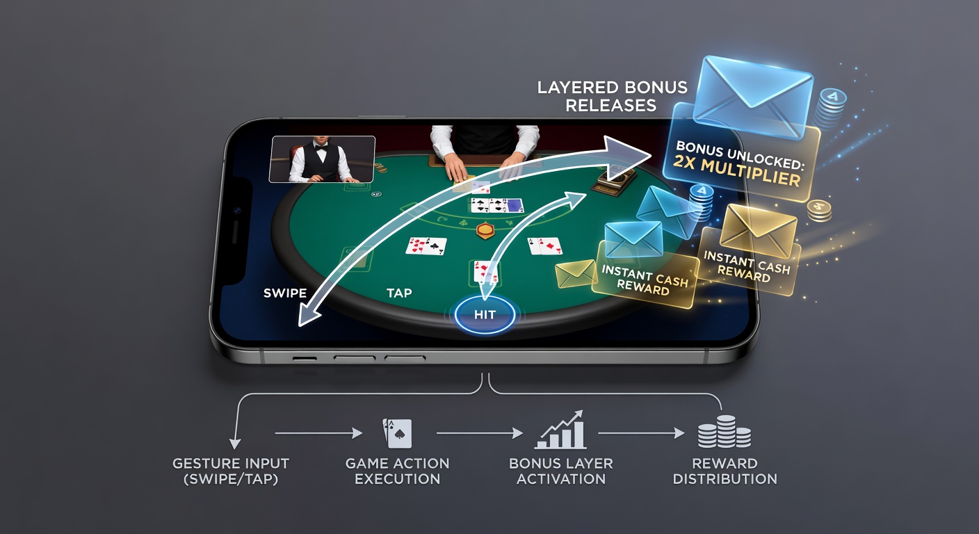 Detailansicht einer mobilen Blackjack-Oberfläche mit aktivierten Bonusindikatoren nach einer Geste