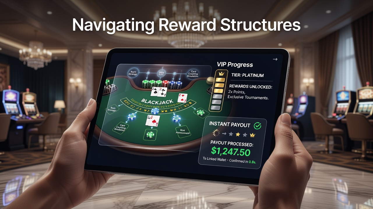 Mobile Blackjack-Schnittstelle mit VIP-Belohnungen und Auszahlungsoptionen auf einem Tablet
