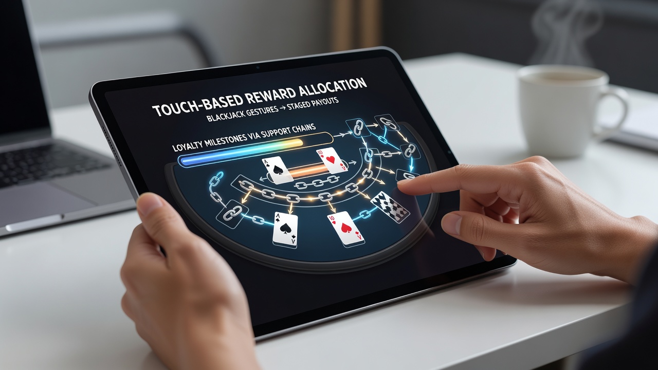 Mobile Blackjack-Oberfläche zeigt Touch-Gesten für Belohnungszuweisung und gestaffelte Auszahlungen