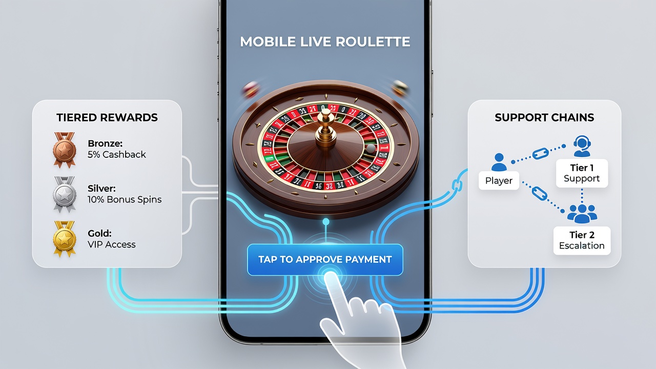Illustration einer Support-Kette in einer mobilen Roulette-App mit gestaffelten Belohnungsstufen und Touch-Interaktionen