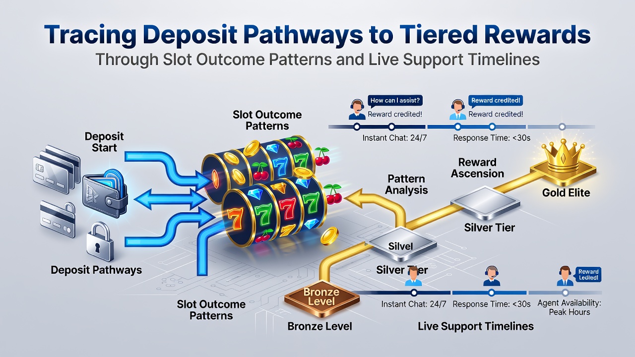 Diagramm zur Verfolgung von Einzahlungspfaden in Slot-Spielen mit gestaffelten Belohnungen und Support-Zeitleisten